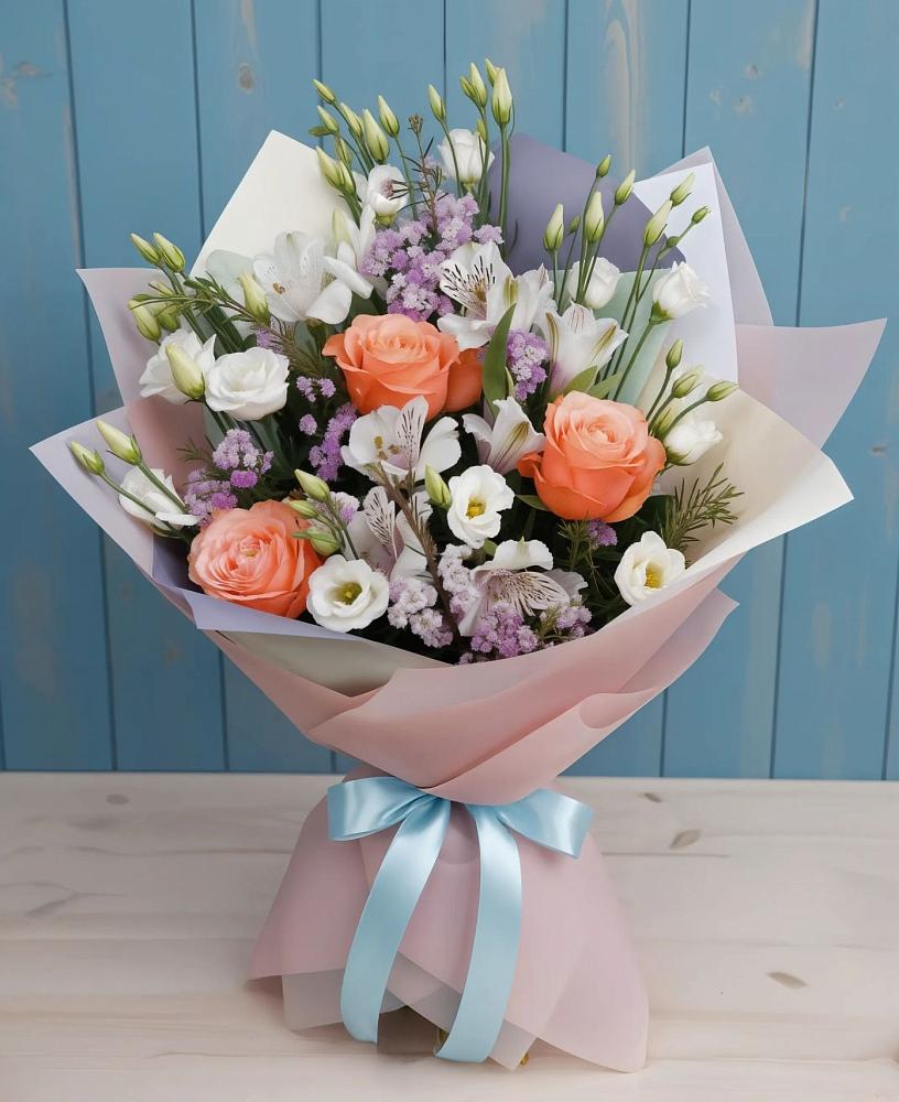 Букет цветов из: Лизиантусы, Розы, Альстромерии и Гипсофила в Нестеровском