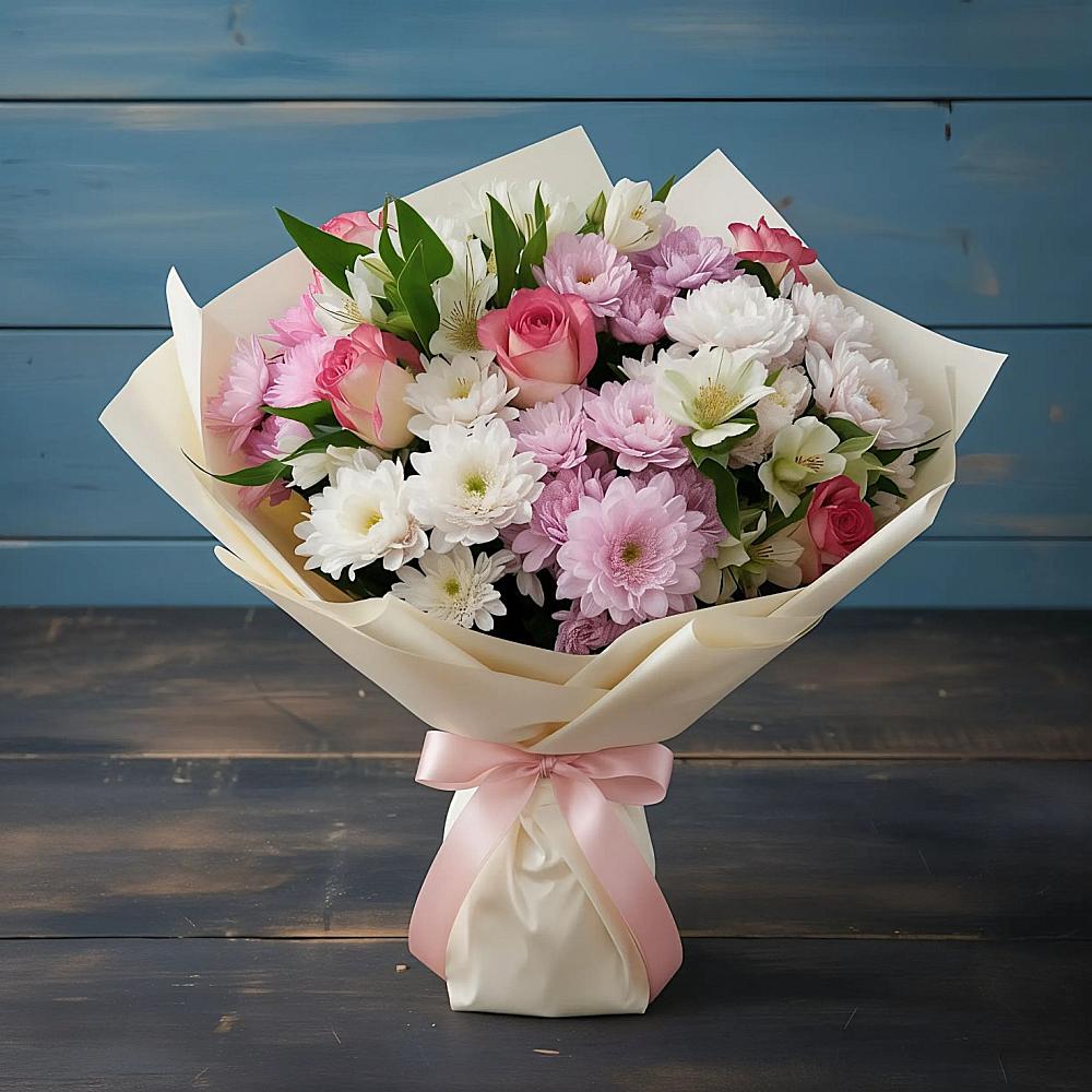 Букет цветов из: Хризантемы, Альстромерии и Розы в Нестеровском